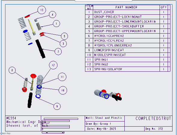 Engineering drawing featuring an exploded view of the 13-component double-spring