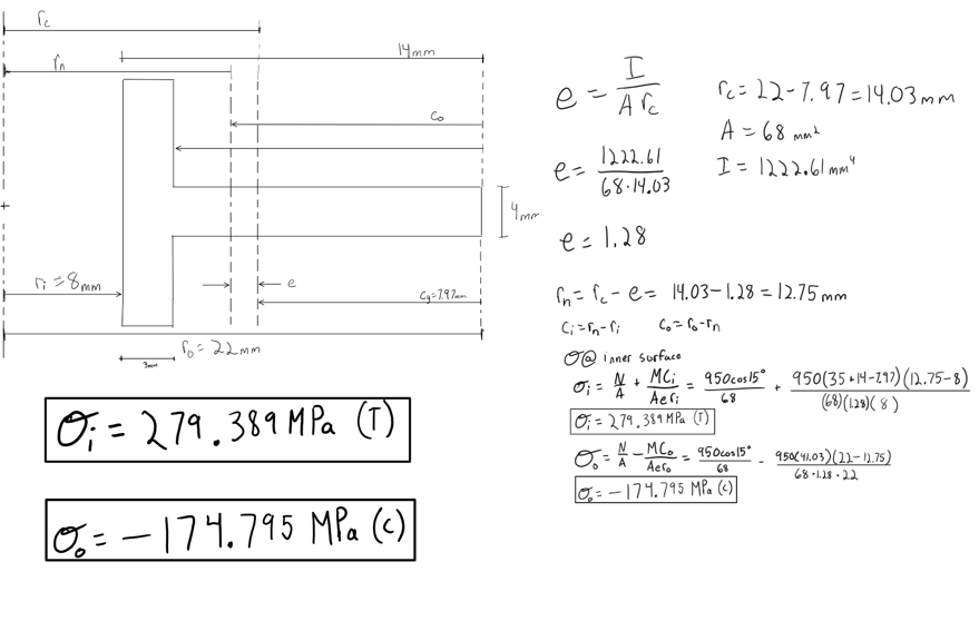 Using classical equation to solve for combined axial and bending stresses at the