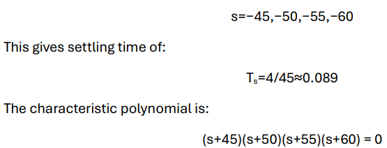 The selected poles and the calculated k values for the state-feedback controller (image 3 of 3)